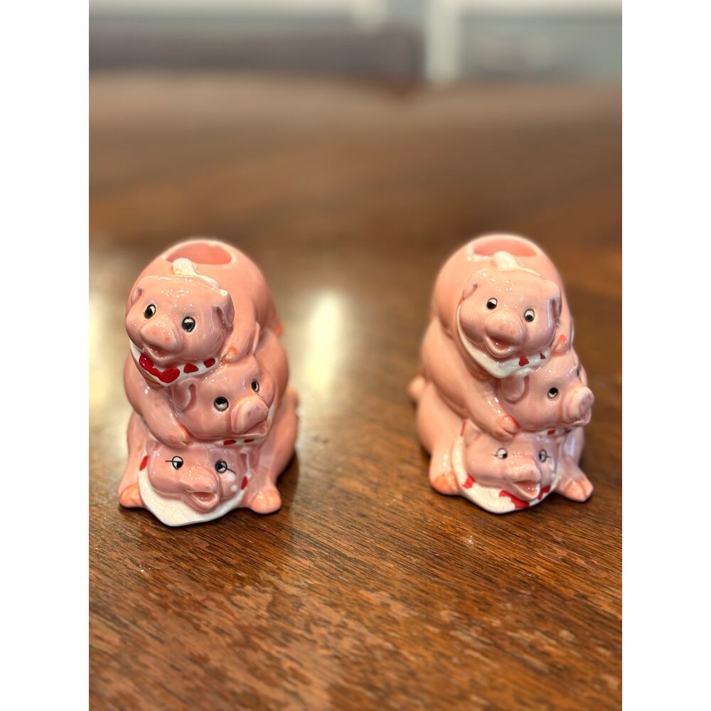Vintage Set of 2 Little Pigs Pink Papel Stack Candle Holders Hand Painted